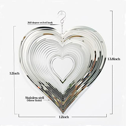 DJUAN Wind Spinner Outdoor Metal Decorations,Silver Heart Wind Spinners for Yard and Garden,Stainless Steel Wind Chimes for Outside Decor,Birthday Gifts for Mom,Mother's Day,Aunt Gifts
