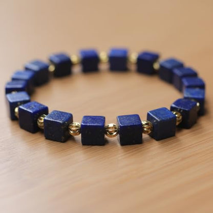 Lapis Lazuli Healing Bracelet – Real Crystal Beads for Stress Relief, Meditation & Chakra Balance – Natural Gemstone Jewelry Gift for Women & Men, Adjustable Stretch Fit - style: 6mm Cube Gold Accent（no gift box）
