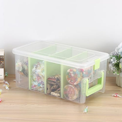 BTSKY Clear Plastic Dividing Storage Box with 4 Deep Compartments Adjustable Storage Bin with Lid Portable Craft Container Multipurpose Sewing Box Art Supply Organizer, 13.9x7.9x6.2 Inches, Green - size: 13.9x7.9x6.2 Inches-Green
