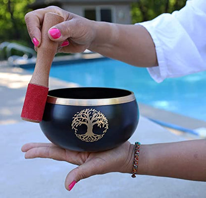 Tibetan Tree Of Life Singing Bowl Mallet Cushion Set ~ For Meditation, Yoga, Spiritual Healing and Mindfulness ~ Extra Large Black - color: Black