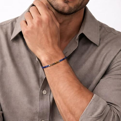 SAMYA Natural Lapis Lazuli Beaded Bracelet for Men – Deep & undyed Lapis Lazuli, 4 ×2mm Heshi Stones, Adjustable Stainless-Steel Clasp
