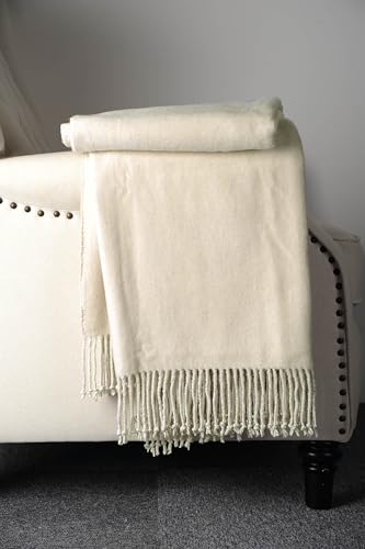 Fringed Mulberry Silk Throw Blanket for Sofa (Whisper White)