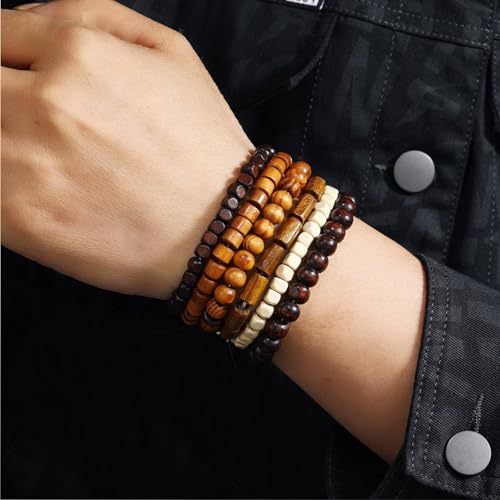 MILAKOO Mens Beaded Bracelets Tribal Wooden Elastic Adjustable Prayer Beads Wrap Cuff for Women - color: E: 6pcs