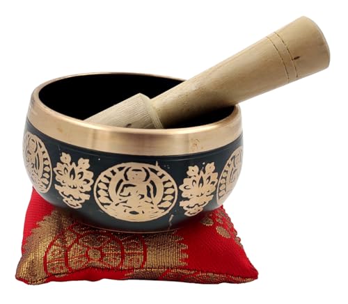 Purpledip Handmade 4 Inches Bell Metal Tibetan Buddhist Singing Bowl Musical Instrument For Meditation (11079) - style: Scripture design | 4 inches | Black