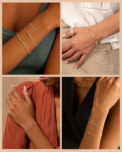 Birthstone Gold Clover Bracelet Dainty 14K Gold Plated Cute Friendship Stackable Bracelets for Women No Tarnish Trendy Charm Best Friend Bracelet Stack for Birthday Jewelry - color: 09. September(Sapphire)