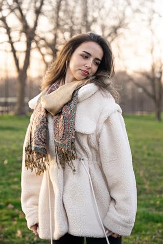Achillea Reversible Paisley Pashmina Rave Scarf – Exotic Indian Shawls and Wraps for Evening Dresses, Festivals, All Seasons - color: Big Paisley Teal