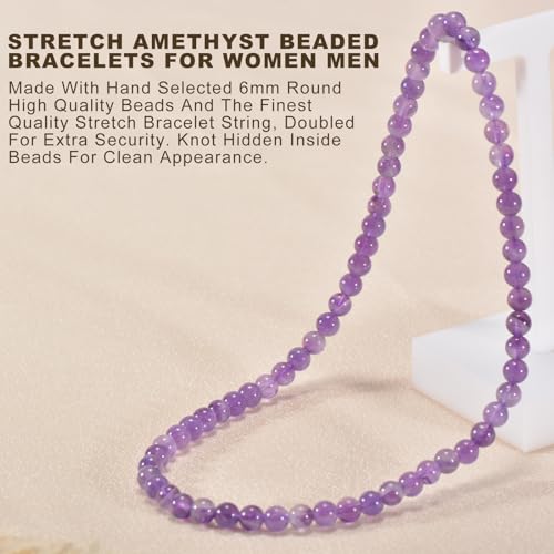 14in Agate Wrap Bracelet for Women Men Natural Round Beaded Agates Stone Healing Stretch Bracelets Elastic Handmade Polished Gemstone Beads Bracelet - color: Amethyst, size: 6mm Beads