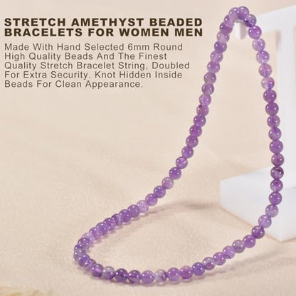 14in Agate Wrap Bracelet for Women Men Natural Round Beaded Agates Stone Healing Stretch Bracelets Elastic Handmade Polished Gemstone Beads Bracelet - color: Amethyst, size: 6mm Beads