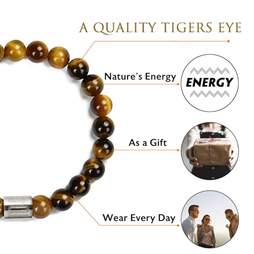 Morchic 8mm Genuine Gemstone Stretch Bracelet for Women Men Unisex, Natural Energy Crystal Stone Beads, Classic Simple Design Cuff Birthday Gift 7.5 Inch - color: Tiger Eye