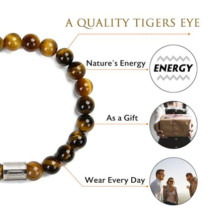 Morchic 8mm Genuine Gemstone Stretch Bracelet for Women Men Unisex, Natural Energy Crystal Stone Beads, Classic Simple Design Cuff Birthday Gift 7.5 Inch - color: Tiger Eye
