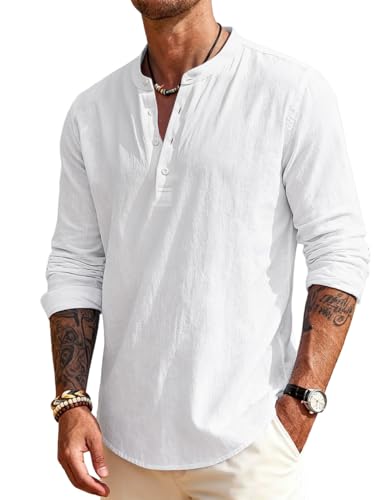 Men's Linen Shirts Henley T-Shirts Long Sleeve Casual Beach T-Shirts Solid Tops Shirts for Men - color: White, size: Large