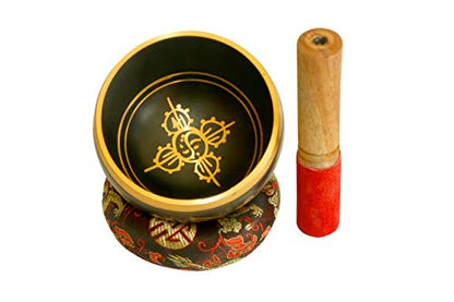 Tibetan Singing Bowl Set | Peace Mantra Design With Mallet and Silk Cushion Meditation Sound Bowl - Promotes Peace, Chakra Healing, and Mindfulness | For Yoga, Meditation (black) - color: black