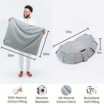 Mindful Modern Meditation Cushion & Zabuton Meditation Mat Bundle - 100% Cotton Meditation Cushion Set for Yoga - Buckwheat Crescent Shaped Zafu Floor Pillow Rectangular Mat - Slate Grey Color