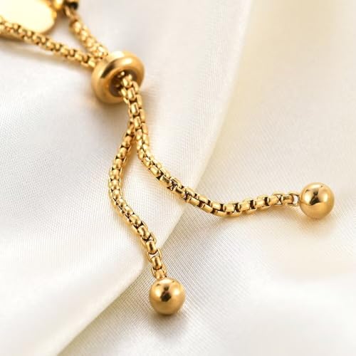 925 Sterling Silver 18K Gold Plated Minimalist Round Pendant Adjustable Bead Bracelet, Simple Geometric Couple Bracelet(Gold) - color: Gold