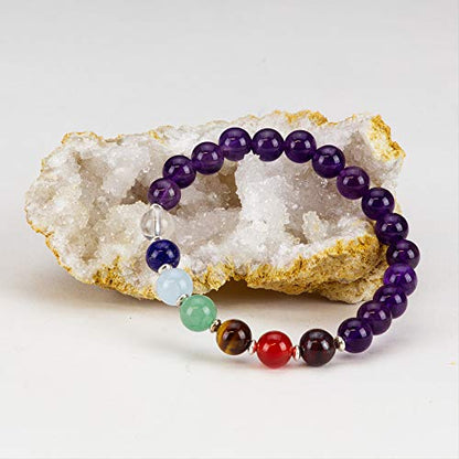 Cherry Tree Collection Chakra Stretch Bracelet | Genuine Natural 8mm Gemstones Beads, Sterling Silver Spacers | Men/Women | Small, Medium, Large Sizes - color: Amethyst - Medium