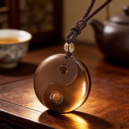 Black Obsidian Yin Yang Necklace for Men Women, Tai Chi Pendant Obsidian Balance Necklace for Releasing Negativity, Talisman Spiritual Healing Jewelry for Protection Amulet - color: Brown
