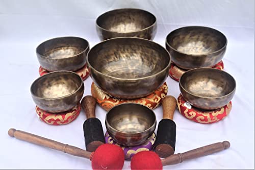 Singing Bowl set of 7-Antique Hand hammered Seven chakra Singing Bowls for chakra healing, meditation, sound balancing-Crafted in Nepal.