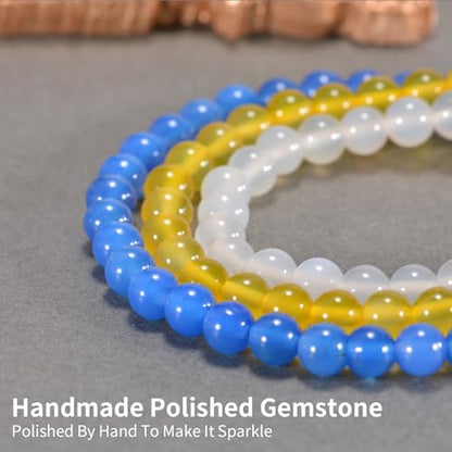 3PCS Agate Bracelet for Women Men Natural Round Beaded Agates Stone Healing Stretch Bracelets Elastic Handmade Polished Gemstone Beads Bracelet - color: Yellow+White+Blue