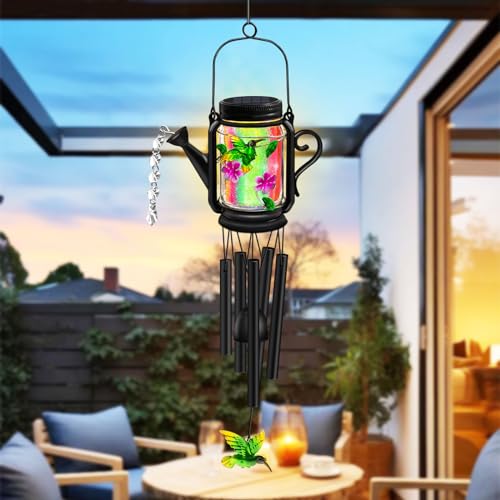 Solar Hummingbird Wind Chimes for Outside - Gifts for Mom Women Grandma,Solar Mason Jar Watering Can Hummingbird Light Unique Hanging Wind Chimes Outdoor,Yard Garden Terrace Courtyard - size: 1 pack-Hummingbird jar wind chime