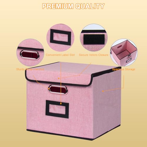 Large Square Storage Bin with Lid, Foldable Organizer Box with Handles & Label Design, for Office, Closet, Home, Documents, Pink, 12.20 x 10.63 x 10.63 Inches, 1 Pack - color: Pink, style: Square - 1 Pack