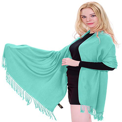 CJ Apparel Solid Color Tassels Design Nepalese Shawl Scarf Wrap Stole Throw Head Wrap Pashmina Gift Hand Made in Nepal New - color: Cyan