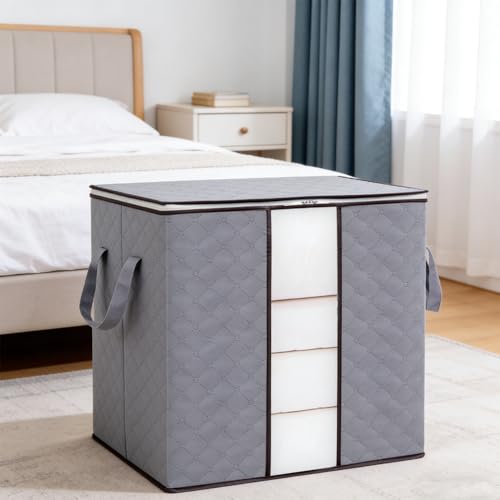 Heavy-Duty Storage Bags with Zipper, Foldable Thick Fabric Blanket Storage Bags, Waterproof Moving & Travel Organizers, Foldable Reinforced Handles (Gray)