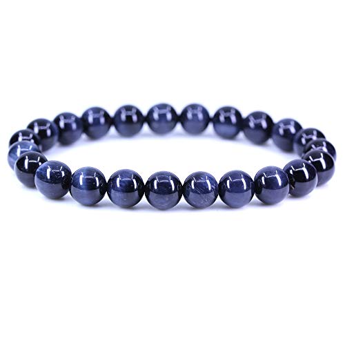 Amandastone Natural Gemstone 8mm Round Beads Stretch Bracelet 7 Inch - color: Blue Tiger Eye