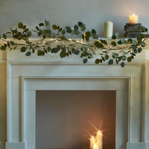 Fudios Lighted Twig Eucalyptus Garland 6FT 96 Warm White LED Battery Operated with Timer for Mantle Fireplace Wedding Party Spring Bedroom Decoration Indoor Outdoor Use - color: Eucalyptus Garland