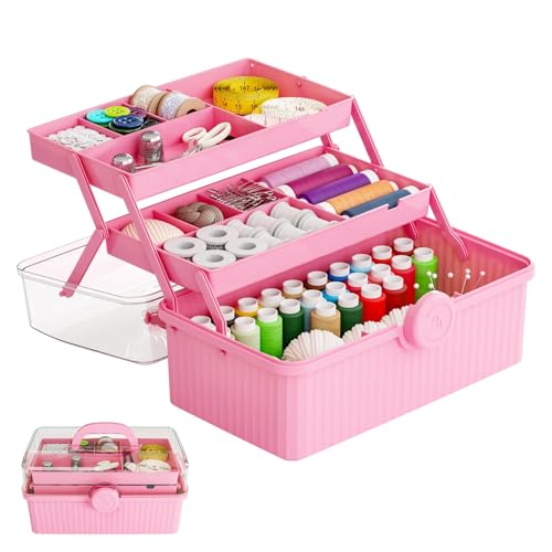 13in Three-Layer Plastic Storage Box With Handle for Sewing Storage Organizer,Art Supply Boxs and Art Box Organizer,Multipurpose Pink Cute Tackle Box and Portable Ivf Medication Organizers - color: Pink
