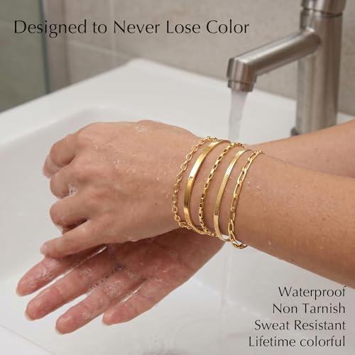 Dainty Gold Bracelet for Women Stack, Thin Bracelets Stackable Set with Bangle Cuff, Box, Herringbone, Paperclip, Figaro, Sparkling Link Chains Waterproof, Simple Jewelry Gifts for Women Non Tarnish - color: style 04-gold