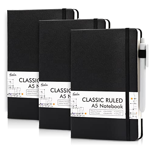 feela 3 Pack Notebooks Journals Bulk with 3 Black Pens, A5 Hardcover Notebook Classic Ruled Lined Journal Set with Pen Holder for Work Business Journaling Note Taking, 120 GSM, 5.1”x8.3”, Black - color: 3 Pack black