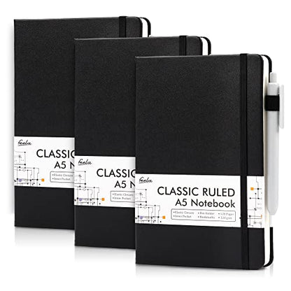 feela 3 Pack Notebooks Journals Bulk with 3 Black Pens, A5 Hardcover Notebook Classic Ruled Lined Journal Set with Pen Holder for Work Business Journaling Note Taking, 120 GSM, 5.1”x8.3”, Black - color: 3 Pack black