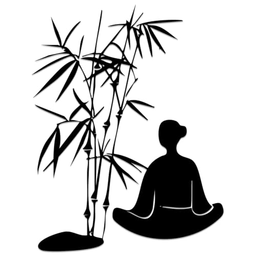 Zen Meditation with Bamboo Silhouette Metal Wall Art Wall Art Decor Metal Outdoor Decor Metal Signs Minimalist Aesthetic Contemporary Artwork Exquisite Home Decoration for Living Room Bedroom Office (Black,12 Inches)