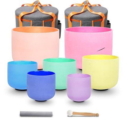 Set of 7 6-12 inch Color Tuned 432hz Quartz Crystal Singing Bowls with Heavy Duty Carrying Cases and Singing Bowl Mallets Multi - color: Set of 7, Colour