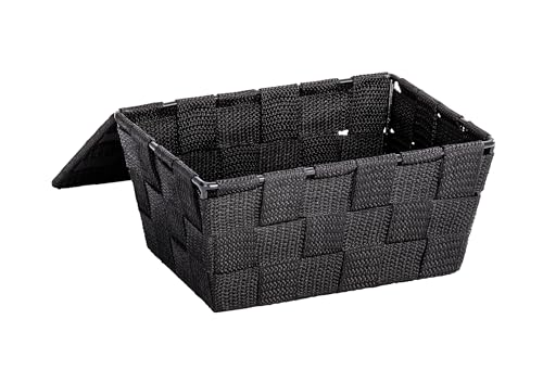 WENKO Storage Adria Black with lid-Bathroom Basket, Polypropylene, 19 x 10 x 14 cm - color: Black