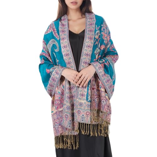 MUQU Women Pashmina Shawls and Wraps Scarf Soft Silky Reversible Paisley Scarves Shawl for Women - color: Blue-b