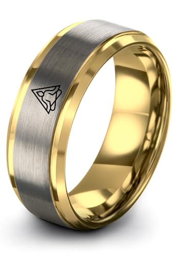 Gift for Yoga Fan - Yoga Meditation Ring - Flat Dome Bevel - Band - Men Women - Brushed Polished - Tungsten - Personalized Custom Engraving - 8mm - Anniversary Wedding - Yellow Rose Gold Silver - color: 09 - Yellow Gold Grey Tungsten