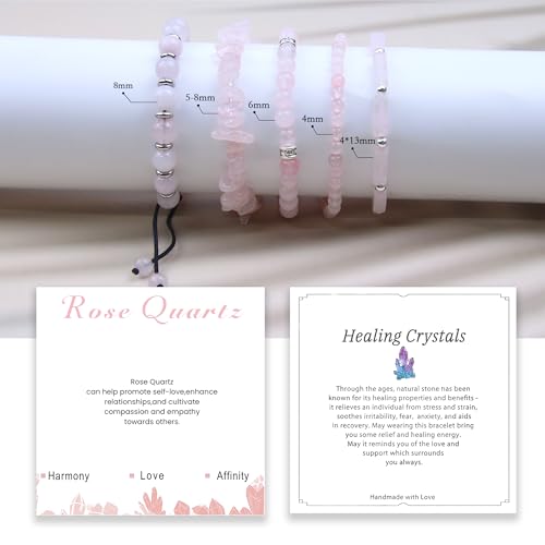 5Pcs Healing Crystal Bracelet for Women Men, Handmade Adjustable Gemstone Bracelets Beaded Reiki Energ Bracelet Set Jewelry Gifts for Women Men - color: Rose Quartz