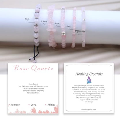 5Pcs Healing Crystal Bracelet for Women Men, Handmade Adjustable Gemstone Bracelets Beaded Reiki Energ Bracelet Set Jewelry Gifts for Women Men - color: Rose Quartz