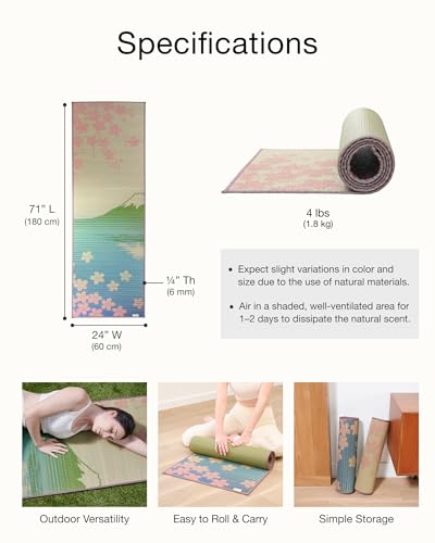 FULI Japanese Tatami Yoga Mat, Igusa Mat, Non-Slip Exercise & Fitness Mat for Pilates & Floor Workouts, Made in Japan, 1/4 in Thick, Sakura Fuji