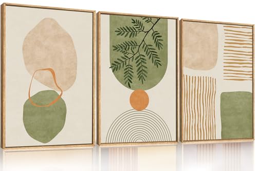 Celestdeco Large Boho Sage Green Framed Canvas Wall Art Set,Abstract Minimalist Geometric Line Wall Decor,Modern Mid Century Beige Leaf Artwork for Living Room,Bedroom,Dining Room,Office-16 x24 x3 - color: Boho Sage Green Wall Art, size: 16"L x 24"W