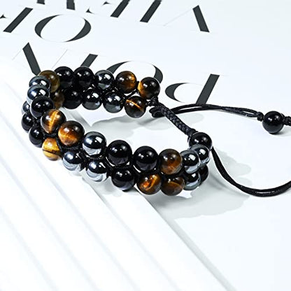 Triple Protection Bracelet Natural Black Obsidian Tigers Eye Hematite Beads Crystal Bracelet Healing Bracelets for Men Women Bring Prosperity Luck and Health - color: Black Yellow