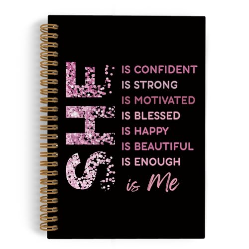 She Is Me Affirmations Spiral Notebook, Pink Black Inspirational Self Care Journal Notebook, Positive Notebooks for School Work, Self Love Office Supplies Gifts for Women Girls, 5.5x8.3 Inch - color: black pink, size: 5.5x8.3