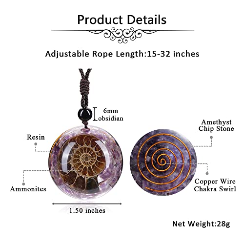 Jovivi 7 Chakra Gemstone Reki Healing Crystal Necklace Round Circle Shape Ammonite Fossil Resin Chip Stones Pendant Necklace for Women Men Life Tree Jewelry Christmas Gifts - color: Ammonite Fossil - Amethyst
