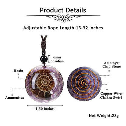 Jovivi 7 Chakra Gemstone Reki Healing Crystal Necklace Round Circle Shape Ammonite Fossil Resin Chip Stones Pendant Necklace for Women Men Life Tree Jewelry Christmas Gifts - color: Ammonite Fossil - Amethyst