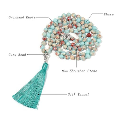 108 Mala Beads Necklace Semi-Precious Gem Stones Meditation Necklace 108 Hand Knotted Japa Mala Beaded Tassel Necklace with Tree of Life Pendant - color: Shoushan Stone