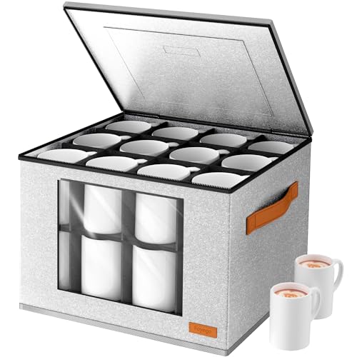 2-Layer Coffee Mug Storage Box with Dividers, Cup Storage Organizer with Zipper Lid and Handles, Stackable China Storage Containers Service for 24 Mugs, Cups and Glasses, Light Grey - color: LIGHT GRAY, style: Coffee Mug Storage
