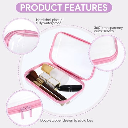 2Pcs Pink Frame Hard Shell Zipper Case, Travel Organizer with Clear Zipper Pouches Hard Shell Design, Multipurpose Clear Makeup Bag for Snacks, Toiletries Stationery Doll Storage (7.9x3.9 Inch)