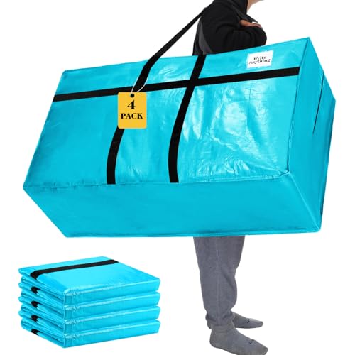 4 Pack 57 Gallon Extra Large Moving Bags XXL Heavy Duty Storage Bag with Strong Zipper Handle Jumbo Big Tote Box Foldable for College Dorm Travel Clothes Duffle Blanket Pillow(Lake Blue) - color: Lake Blue, size: 57 Gallon