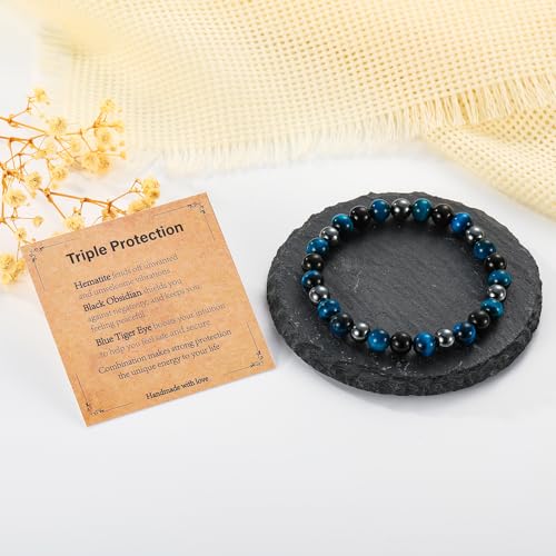 Gnamy Crystal Bracelet Gifts for Men Him- Triple Protection Hematite Black Obsidian Tiger Eye Gemstone Beaded Bracelets Birthday Healing Jewelry Gifts - style: Style 2